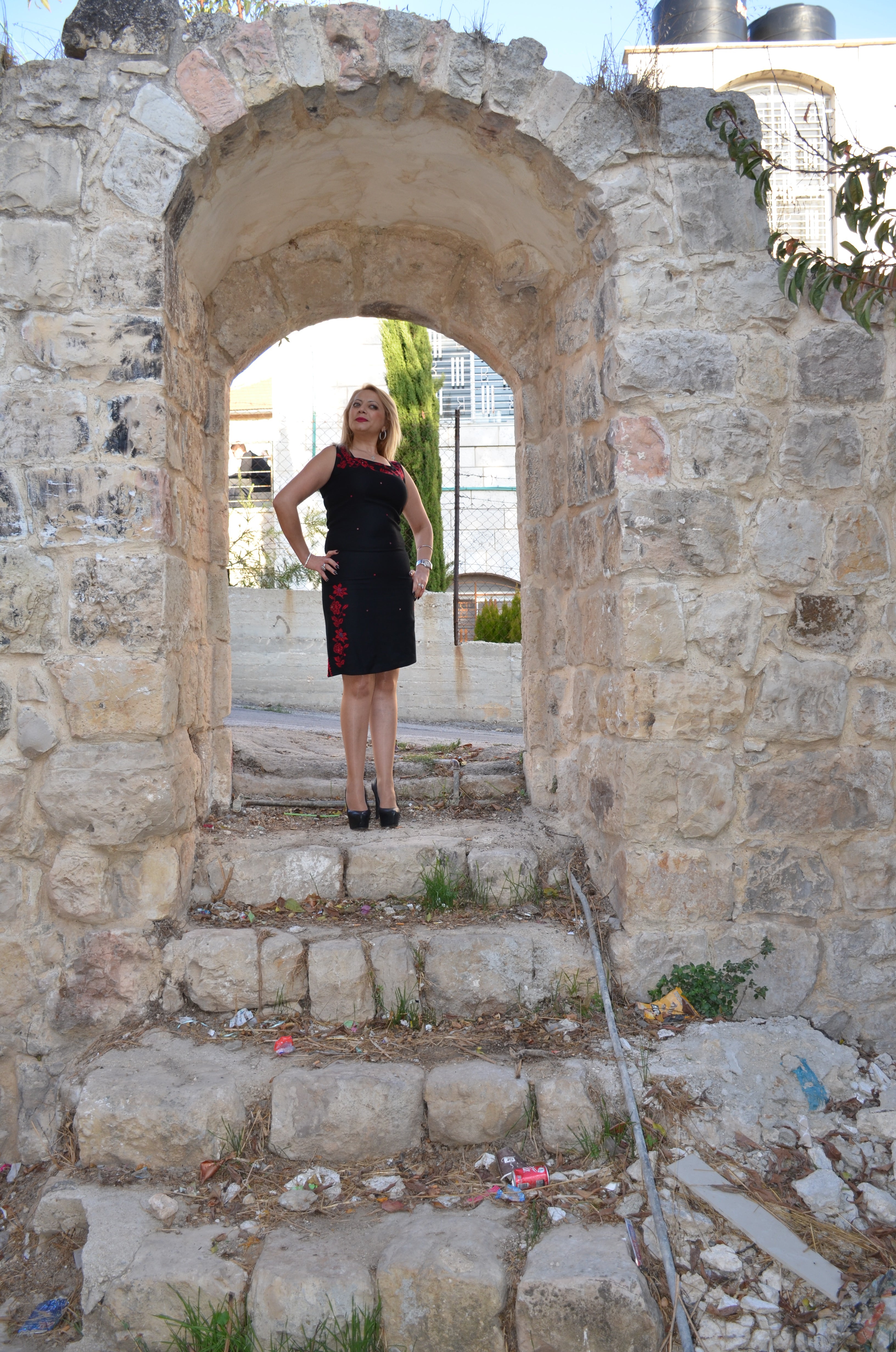 Hand-Embroidered Sleeveless Black Dress – Red Floral Palestinian Motifs