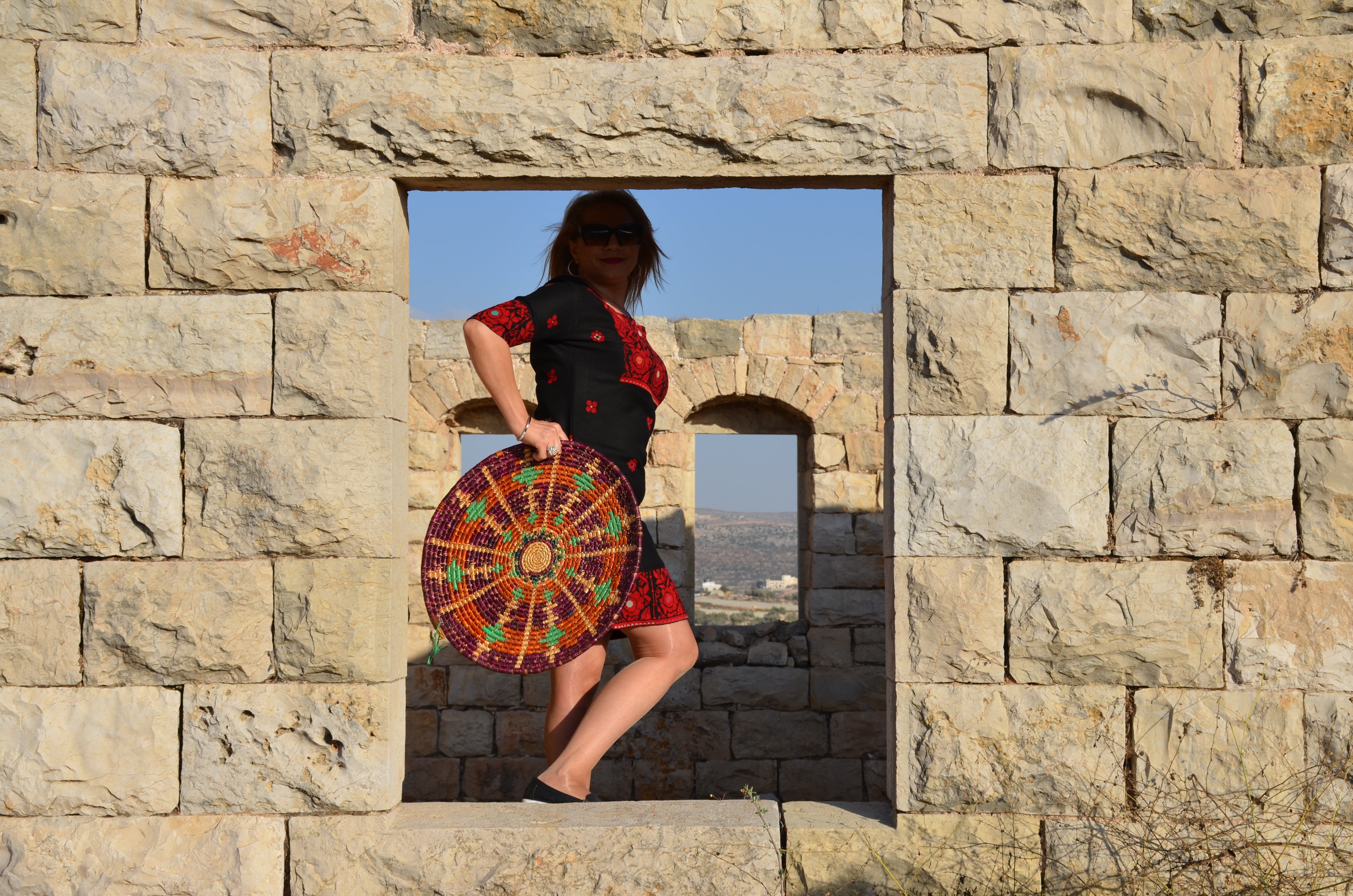 Hand-Embroidered Black Dress – Traditional Red Palestinian Motifs