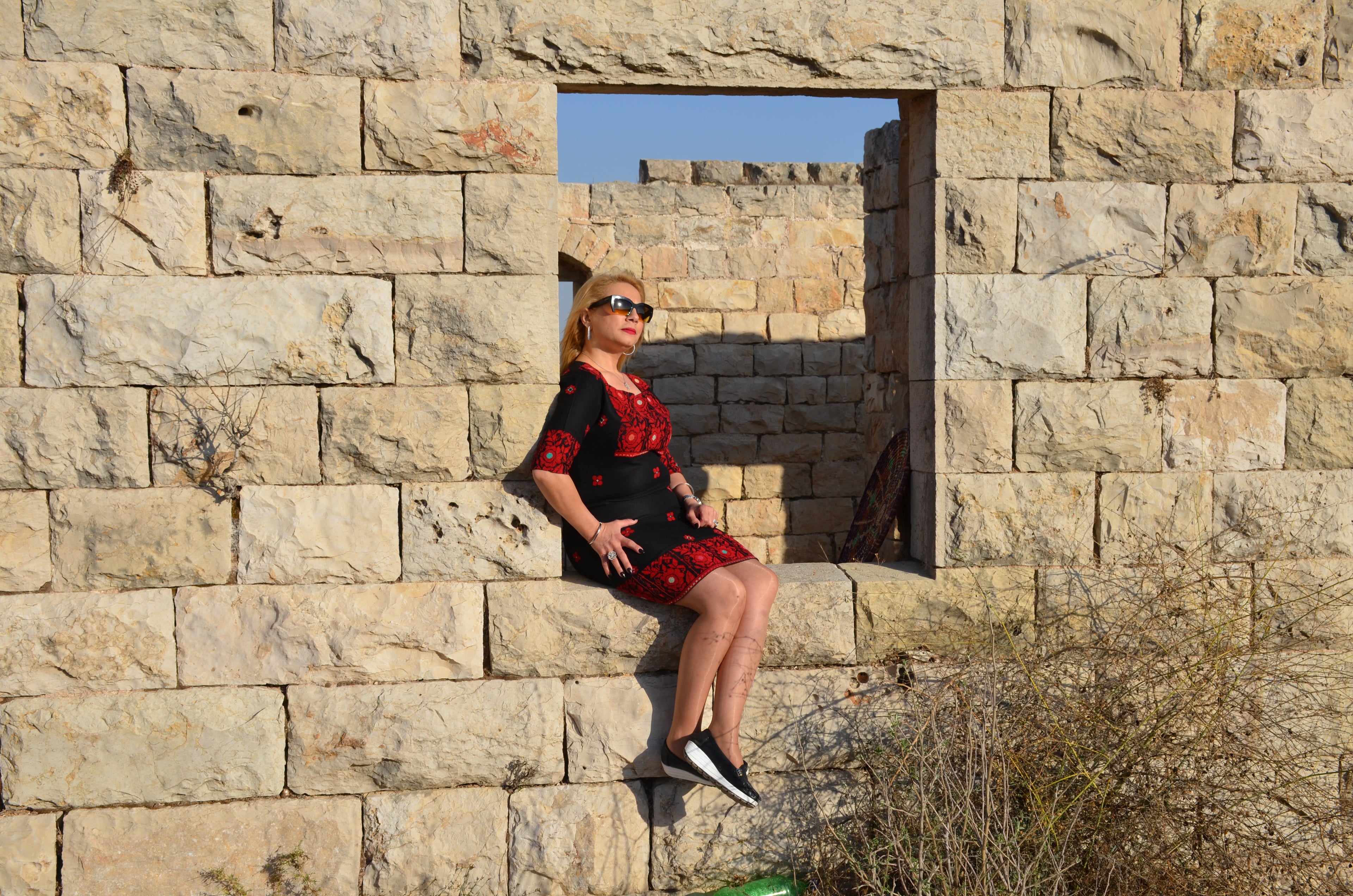 Hand-Embroidered Black Dress – Traditional Red Palestinian Motifs