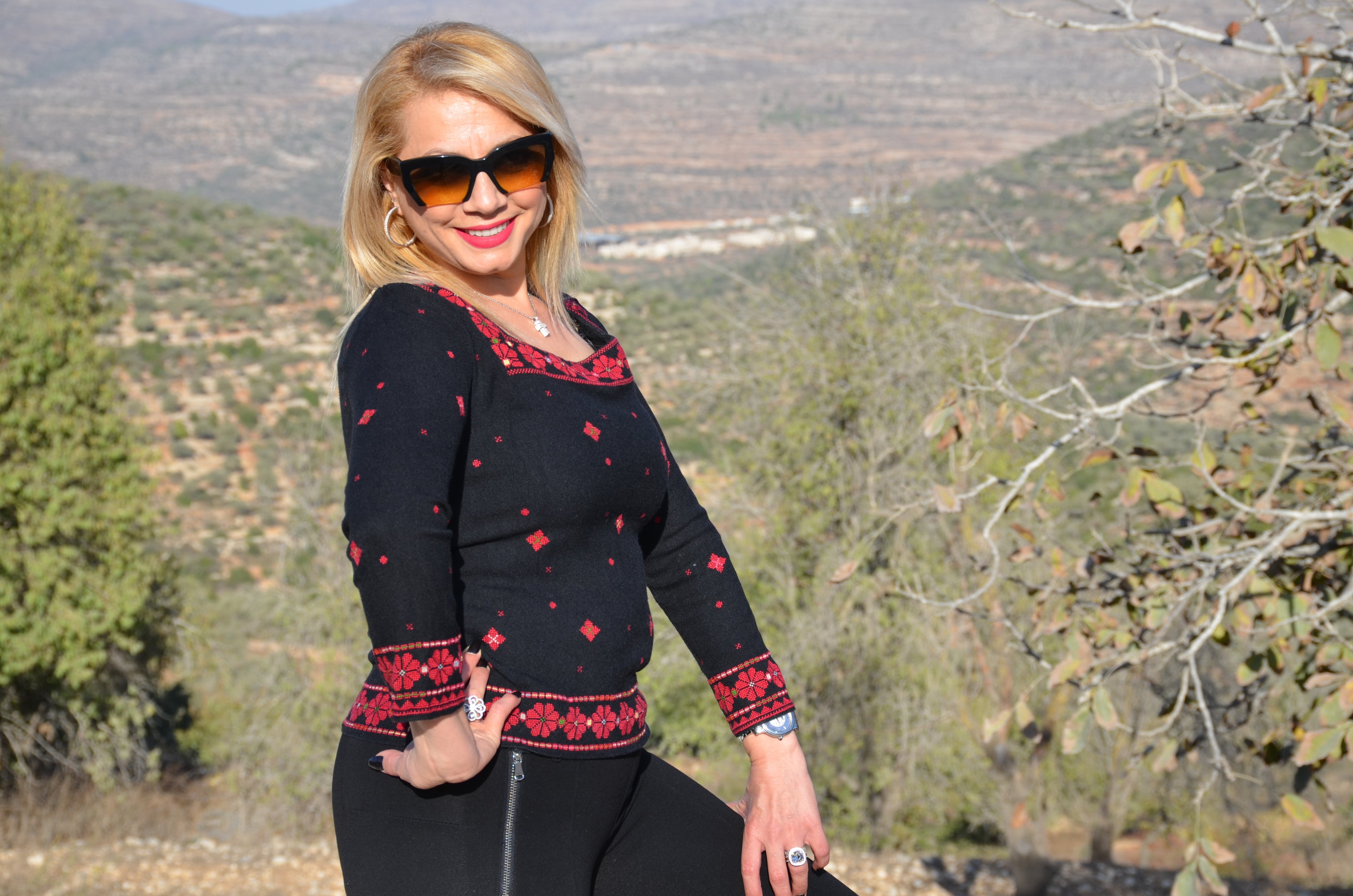 Hand-Embroidered Black Blouse – Traditional Red Palestinian Motifs