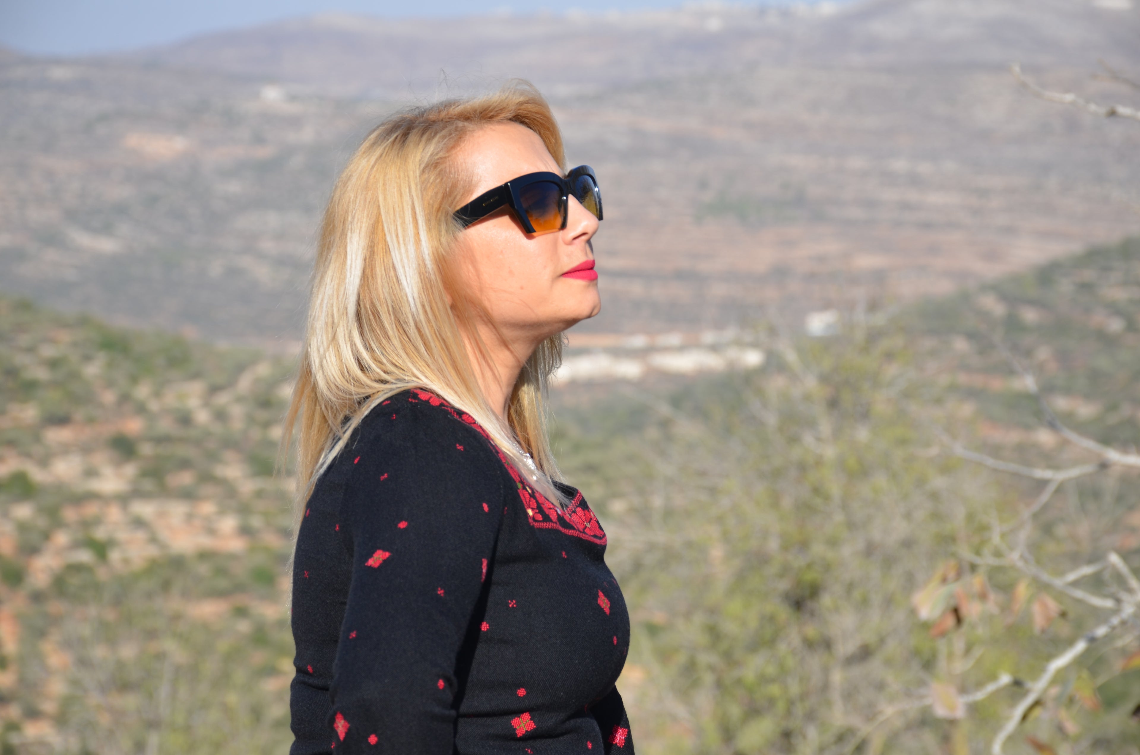Hand-Embroidered Black Blouse – Traditional Red Palestinian Motifs