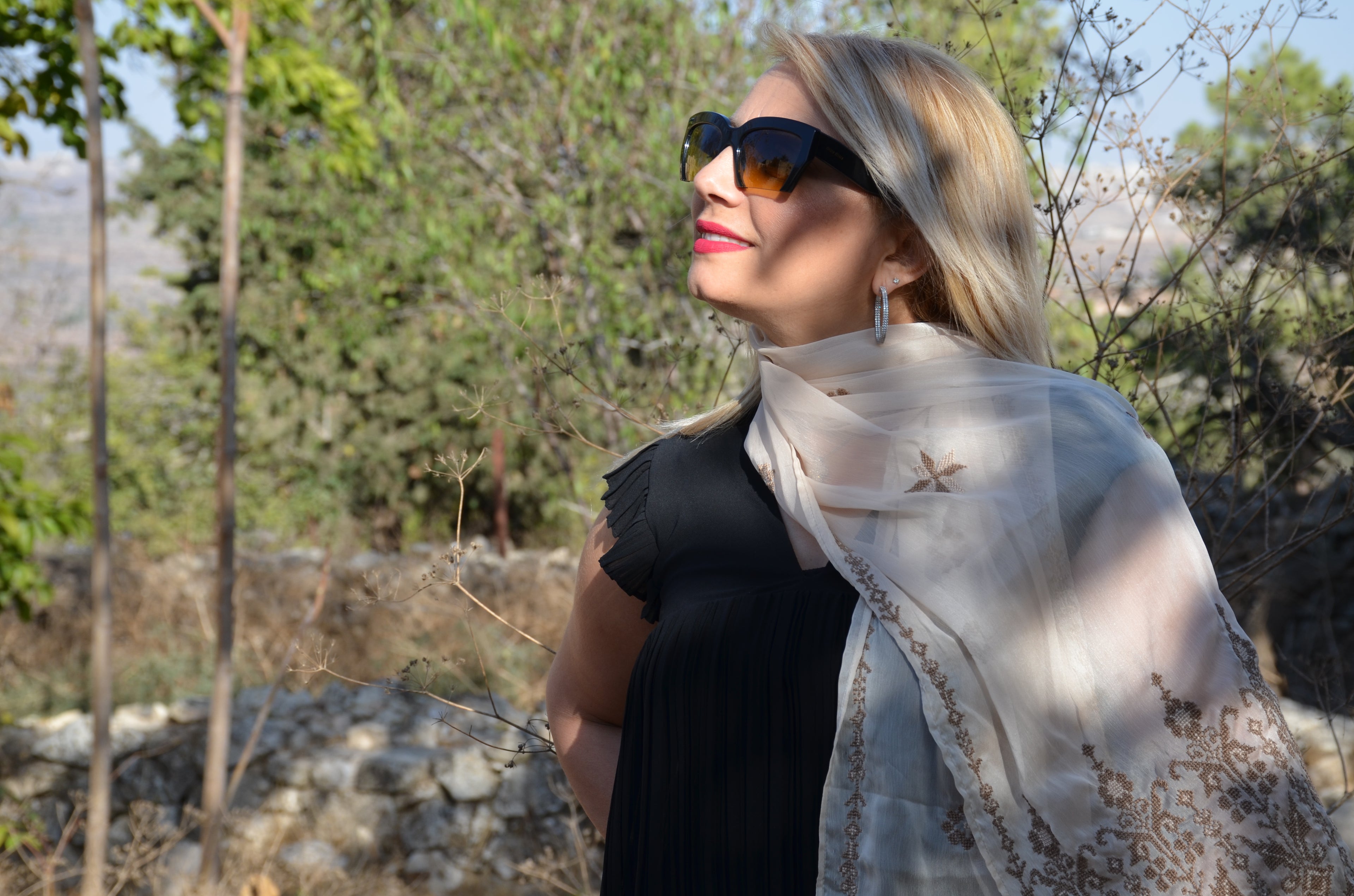Hand-Embroidered Sheer Shawl – Beige with Brown Heritage Patterns