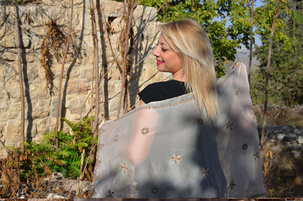 Hand-Embroidered Sheer Shawl – Beige with Pink Floral Motifs