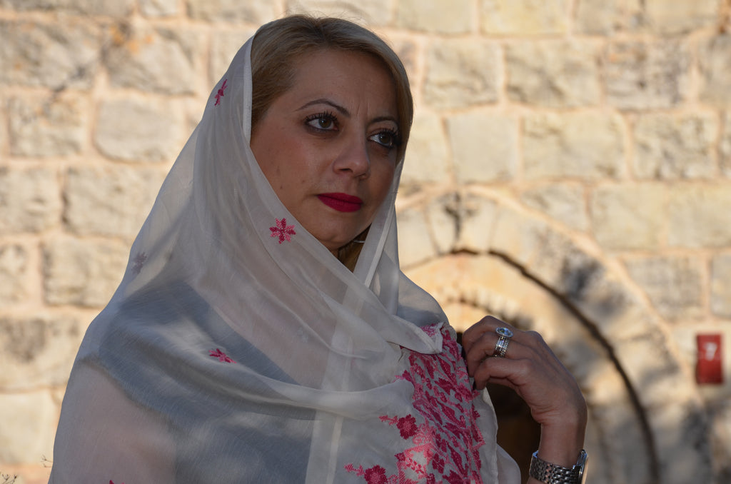 Hand-Embroidered Sheer Shawl – Beige with Pink Floral Motifs