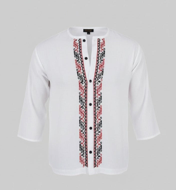 Hand-Embroidered White Men’s Shirt – Traditional Black & Red Palestinian Patterns