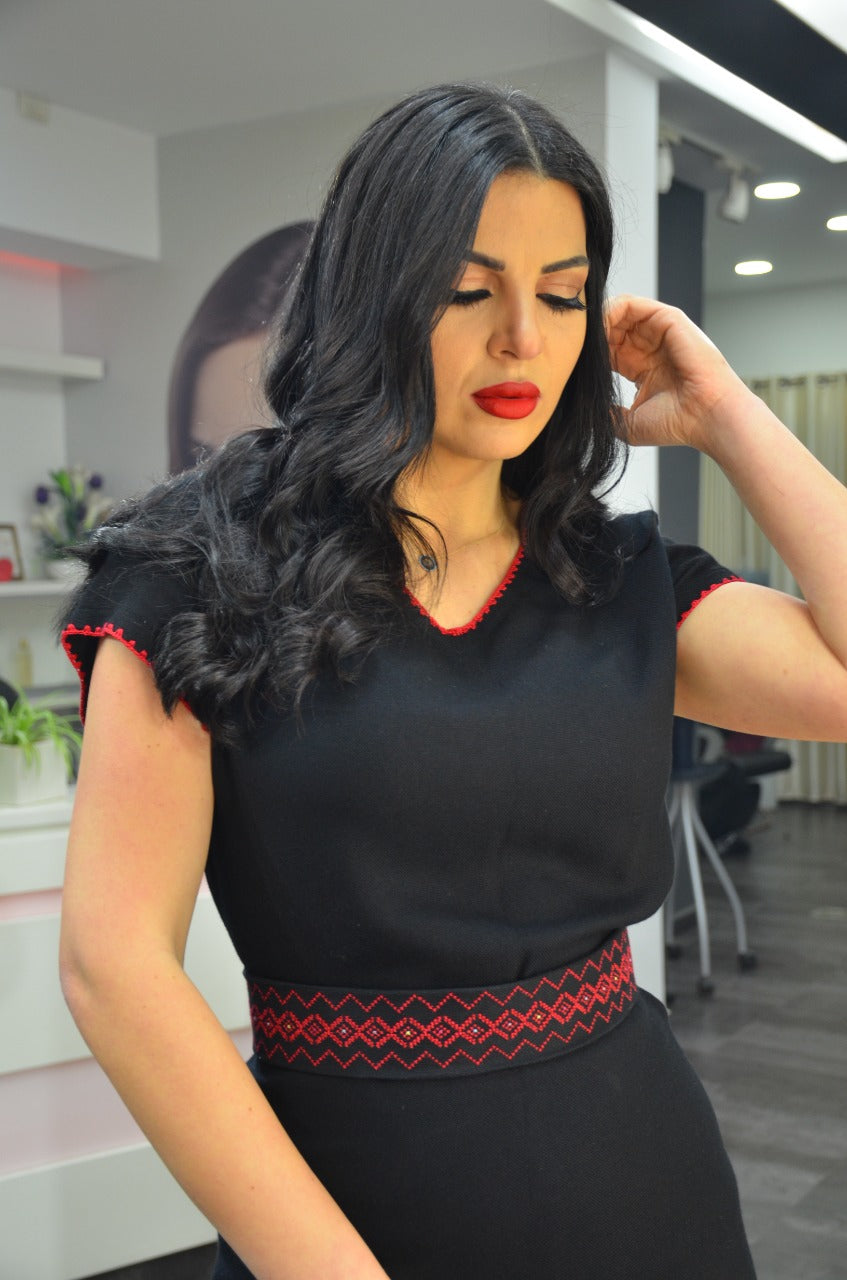 Hand-Embroidered Black Dress – Subtle Red Waistline Motifs