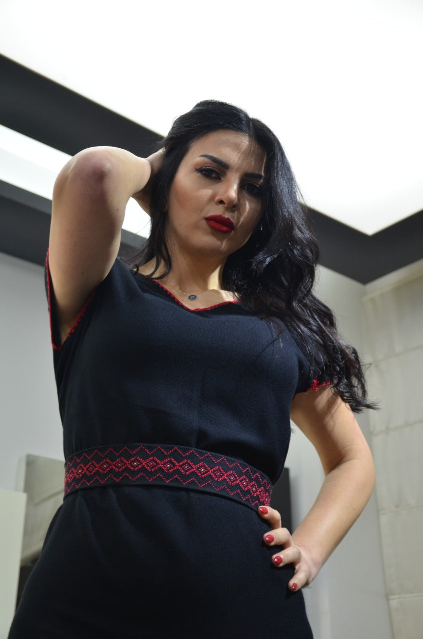 Hand-Embroidered Black Dress – Subtle Red Waistline Motifs