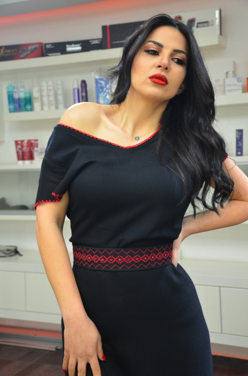 Hand-Embroidered Black Dress – Subtle Red Waistline Motifs