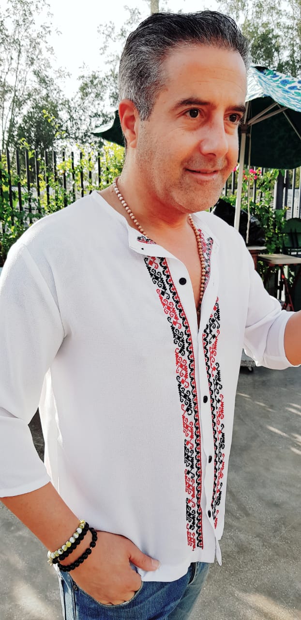 Hand-Embroidered White Men’s Shirt – Traditional Black & Red Palestinian Patterns