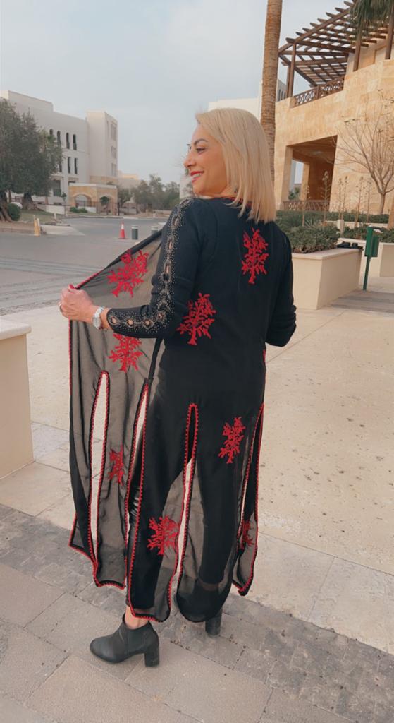 Sheer Black Embroidered Kimono with Red Accents