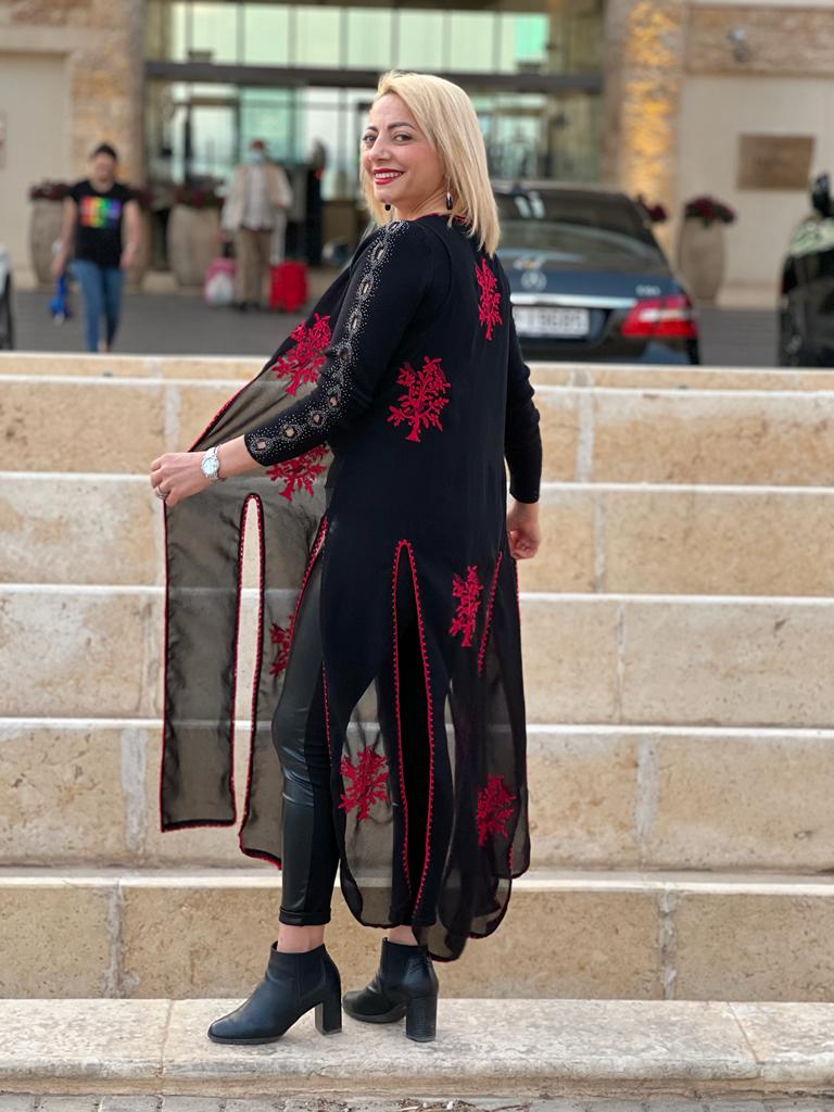 Sheer Black Embroidered Kimono with Red Accents